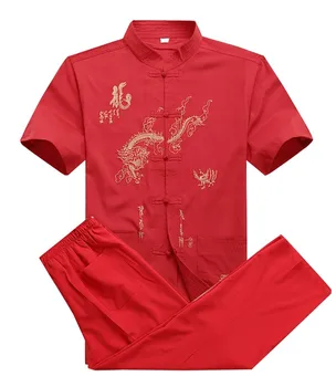 Naujas Kinijos Vyrų Medvilnės Kung Fu Kostiumas Siuvinėjimo Wu Shu Vienodas Chi Drabužių trumpomis Rankovėmis Marškiniai+Ziajać M L XL XXL XXXL