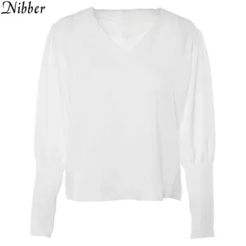 Nibber Moterys pavasarį, rudenį, balta ilgomis rankovėmis V-Kaklo, laisvi top marškinėliai Mygtuką apdailos Slim fit Minkštu T-shirt 