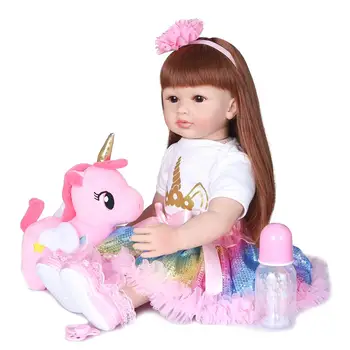NPK 60CM Minkšto Silikono medžiaga įstaiga mergina baby doll Baby Doll bamblys Tikroviška Kūdikių Lėlės Reborn rožinė suknelė dviejų spalvų plaukų