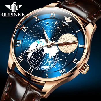 OUPINKE Savarankiškai vėjo Automatinis laikrodis Vyrams, Mėnulio fazė Žvaigždėtas Dangus Mechaninė Sapphire Kristalas Oda Sporto Verslo Laikrodis