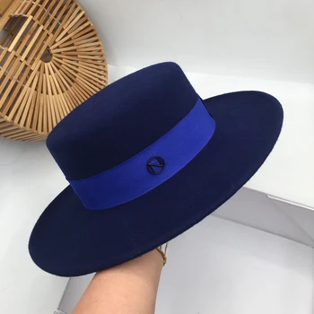 Panama, prancūzijos Zang mėlynos spalvos audinio, butas vilnos moterų Britų užimantys big Sir Kraštų skrybėlę banga atkurti senovės būdų, kaip fedoras
