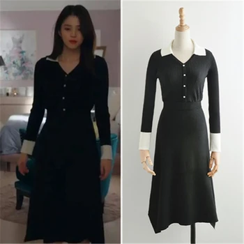 Pasaulio korėjos dramos pora Han Suxi juoda megzti megztinis suknelė ir ilgas sijonas