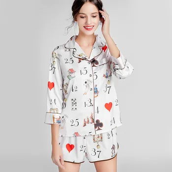 Pavasario Vasaros Spausdinti Moterų Dirbtiniais Šilko Pižama Nustatyti Paprastas Laisvalaikio Naktiniai Drabužiai Trumpomis Rankovėmis, Sleepwear