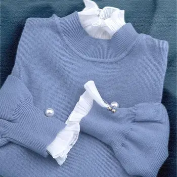 Pavasarį ir rudenį naujų moterų trimitas rankovėmis pearl sagtis nėrinių netikrą dviejų dalių megztinis megztinis 2021