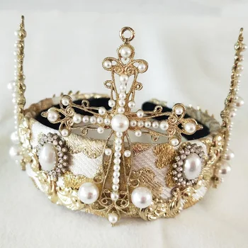 Prabanga Baroko Derliaus Moterys Didelis Aukso Spalvos Kristalų Visą Raundą Prom Pearl Kryžiaus Karūna Vestuvių Inscenizacija Karalienė Tiara Nuotakos Plaukų