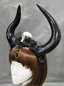 Rankų Darbo, Unikali Black Veil Lacee Kaukolė Rožės Gėlių Karūna Ragų Tika Goth Lankelis Helovinas Fancy Dress Headpieces