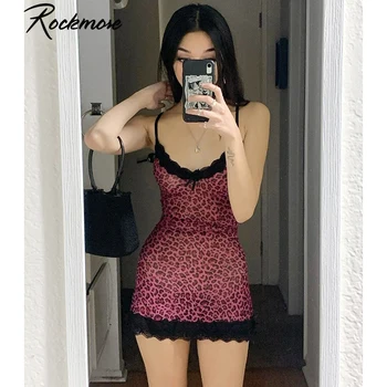 Rockmore Leopardas Spausdinti Mini Suknelė Sexy Nėrinių Spageti Suknelės Su Laivapriekio Žemų Dažnių Rankovių Sundress Streetwear Šalies Klubą
