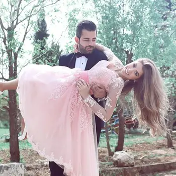 Rožinė Homecoming Suknelės-line V-kaklo, ilgomis Rankovėmis Tiulio Appliques Nėrinių Elegantiškas Trumpas Kokteilių Suknelės