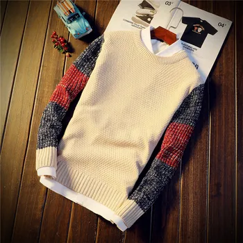 Rudens ir žiemos vyrų mados apvalios kaklo megztinis, tendencija asmenybės spalvų atitikimo slim jaunimo šiltas megztinis (puloveris)
