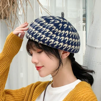 Rudenį, žiemą moterys vilnonių beretė houndstooth vilnos Dailininko Aštuoniakampis Plaid hat Britų priežastinis Universalus meno skrybėlę, korėjiečių ir Japonų