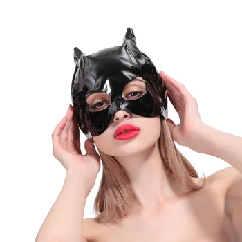 Sexy juoda catwoman kaukė cosplay prop šlapias atrodo, PU oda pusę veido kaukė kapoto atidaryti akis suaugusiųjų sekso žaidimai vergas erotika kaukė
