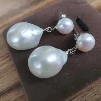 Smeigės&lašelinę didelis perlas tabaluoti auskarai smeigės baltos spalvos gėlavandenių perlų kaip 14mm