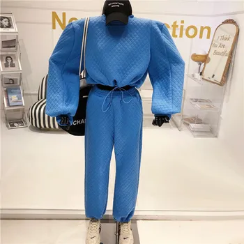 Sportinis kostiumas Moterims Rudens / žiemos 2020 Naujas apvalios kaklo Žibintų Rankovės Raišteliu trumpas megztinis Plonas atsitiktinis kelnės Dviejų dalių kostiumas