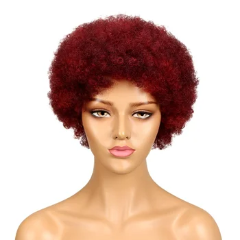 Trueme Trumpas Afro Keistą Garbanoti Perukai Moterims, Tamsiai Rudos, Raudono Vyno Spalvos Brazilijos Remy Human Hair Mados Afro Visą Perukai