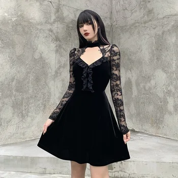 Viktorijos Renesanso Black, Gothic Lolita Dress Moterų Sexy Nėrinių Ilgomis Rankovėmis Raukiniai Aksomo Mini Suknelė Mergina Prašmatnus Šalies Punk Dress