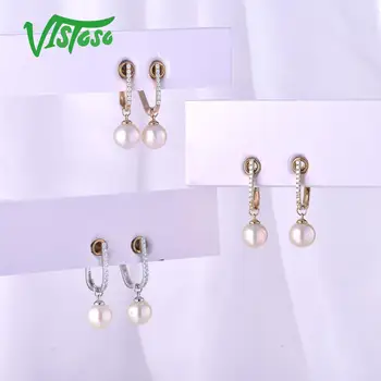 VISTOSO Grynas 14K 585 Balto/Geltono Aukso Auskarai Moterims Putojantis Deimantas Gėlo Vandens Perlų Unikalus Madinga Fine Jewelry