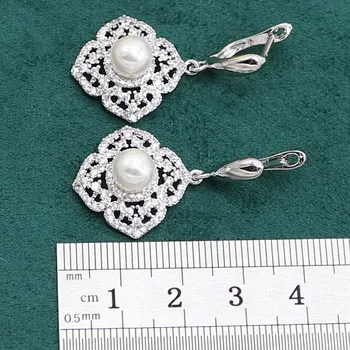 White Pearl 925 Sterlingas Sidabro Papuošalų rinkinys Moterims Cirkonis Apyrankės Auskarai, Karoliai, pakabukas, Žiedas