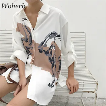 Woherb 2020 Negabaritinių Marškinėliai Spausdinami Derliaus Ilgomis Rankovėmis Palaidinė Moterų Mados Streetwear Moterų Atsitiktinis Palaidų Korėjos Blusas 74413