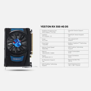 Yeston Radeon RX 550 GPU 4GB GDDR5 128bit Žaidimų kompiuterį KOMPIUTERIU Vaizdo Grafikos plokštės palaiko DVI-D/HDMI/DP PCI-E 3.0