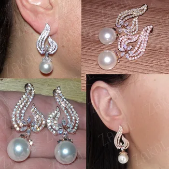 ZAKOL Mados Dizaino Balto Aukso CZ Cirkonis Tabaluoti Earings su Perlų Imitacija Elegantiška Moteriška Vestuvių Papuošalai Dovana FSEP355