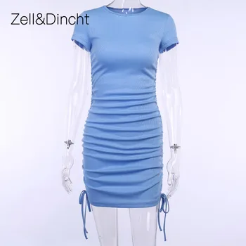 Zell&Dincht Mėlyna Seksualus Bodycon Briaunoti Vasaros Suknelė Moterims Raišteliu Ruched Tvarstis Streetwear Mini Suknelė Šalis Suknelės Vestidos