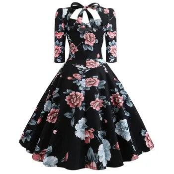 2019 Juodos spalvos Gėlių Spausdinti Derliaus Jurken ilgomis Rankovėmis Hepburn Suknelė 1950 60s, 70s, Rockabilly Sūpynės Pinup Moterų Vestidos Šalis