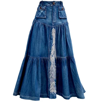 2020 m. pavasario derliaus išsiuvinėti džinsinio audinio sijonas moterims aukšto juosmens-line slim big swing kulkšnies ilgio džinsai sijonas