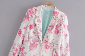 2020 m. Rudenį, Pink Gėlių Spausdinti Švarkas Baltos spalvos Vintage Moterų Įpjovomis ilgomis rankovėmis vieną mygtuką Prarasti Kostiumas Atgal Plyšio Atsitiktinis Kailis Outwear