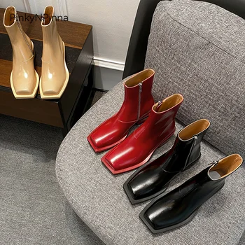 2020 m. rudenį šviečia kilimo ir tūpimo tako fahion moterims, natūralios odos ryškia raudona batai stambusis kulniukai aikštėje kojų pliušinis pamušalas bateliai batų