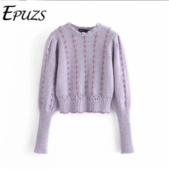 2020 Moterų Mados Su Metaliniu Sriegiu Apkarpytos Megzti Megztinis, Vintage O-Kaklo Šiltas Violetinis Megztinis Megztinis Elegantiškas Prašmatnus Viršų