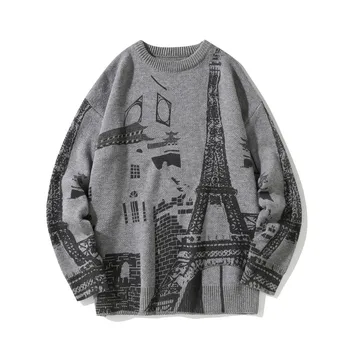 2020 Nauji Megztiniai Vyrų Paryžiaus spausdinti Megztinis ilgomis Rankovėmis Rudenį, Žiemą Megztinius O-Kaklo Eifelio Bokštas