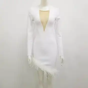 2020 Naują Atvykimo Žiemos Moterims Seksualus Dizainerio Akies Plunksnos Baltos Spalvos Tvarsčiu Suknelė Elegantiškas Ponios Bodycon Šalis Suknelė Vestido