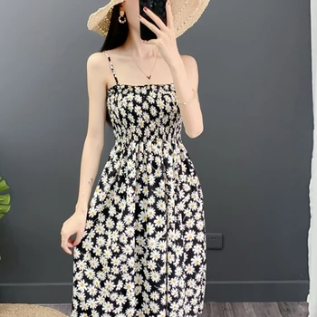 2021 Korėjos Vasaros Šifono Paplūdimio Gėlių Spausdinti Mini Sundress Ponios Dirželis Rankovių Suknelės Slim Atsitiktinis Moterų Vestido Suknelė