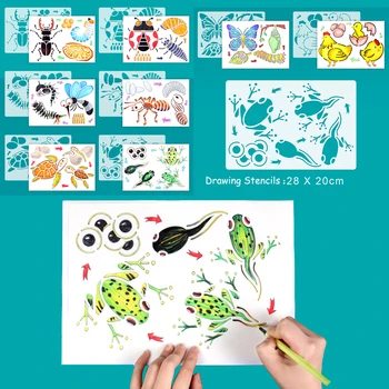 4pcs Montessori Gyvūnų ir Augalų Drugelis Biedronka FrogJellyfish Saulėgrąžų Gyvavimo Ciklo Piešimo, Tapybos Trafaretas Švietimo Žaislas
