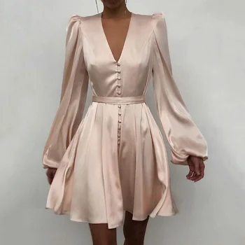 A-Line Moterų V-Kaklo Pavasario Plisuotos Suknelės Ponios Rožinės spalvos Elegantiškas Single-Breasted Mini Suknelė moterims 2020 Žibintų Rankovės Satin