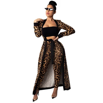 Adogirl Leopardas Spausdinti Moteris, Dviejų dalių Komplektas Pilnas Rankovės Extra Long Cardigan su Varčias + Pieštukas Kelnes Naktį Kailis Kostiumas Komplektai