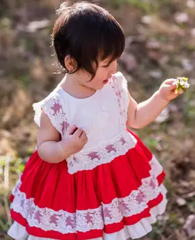 Baby Girl Pavasario Vasaros Raudonos Nėrinių Rankovių Derliaus ispanijos lolita Princess Kamuolys Suknelė Suknelė Mergina, Gimtadienis, Velykos Suknelė