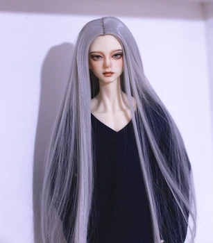 BJD doll perukas tinka 1/3 1/4 dydžio juodi ir sidabriniai ilgi tiesūs plaukai, aukšta temperatūra šilko perukas lėlės priedai