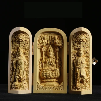 Boxwood Drožyba Budos Statula Trys Vakarų Išminčiai Guanyin Medienos Budos Šventykla, Fu Shou Lu Skulptūra Tris Atidaryti Langelį, Namų Dekoro