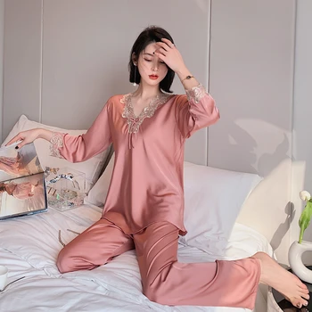 Daeyard Moterims, Elegantiška Pižama Nustatyti Šilko ilgomis Rankovėmis Pijamas Atsitiktinis Sleepwear Sexy Nėrinių Kraštais Pižamos Mujer PJ Nustatyti Homewear 2020 m.