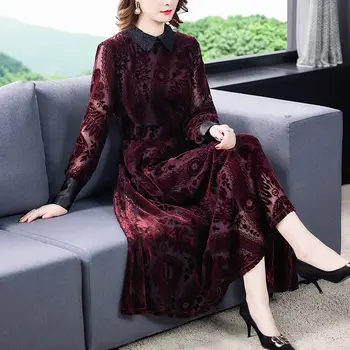 Derliaus Žakardo Aksomo Suknelė ilgomis Rankovėmis Moterų 2020 m. Rudenį Naujų Plus Size High-End Ponios Elegantiškas Šalis Suknelė Midi S-4XL Y637
