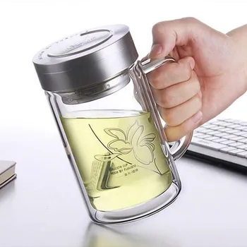 Eco-Friendly 520ml dvigubai boro silikatinio stiklo, taurės Daugkartinio naudojimo Nešiojamų didele stikline vandens butelį skaidraus stiklo su arbatos filtras