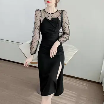 Elegantiškas Dot Suknelė Moterims Biuro Panele Seksuali Kratinys Derliaus Midi Suknelė Atsitiktinis ilgomis Rankovėmis One-piece Suknelė korėjos 2020 m. Rudenį Chic