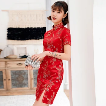 Elegantiškas Kinų Stiliaus Vakaras Šalis Suknelė Moterims Satino Qipao Seksualus Slim Mandarinų Apykaklės Aukštos Padalinta Cheongsam Derliaus Vestidos