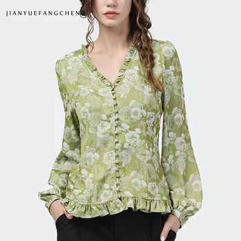 Elegantiškas Šviesiai Žalia Moterims Gėlių Vintage Marškinėliai Ilgomis Rankovėmis Susiėmę V-Kaklo Viršūnes Prarasti Plius Dydis Outwear 2020 M. Rudenį Ponios Naujas