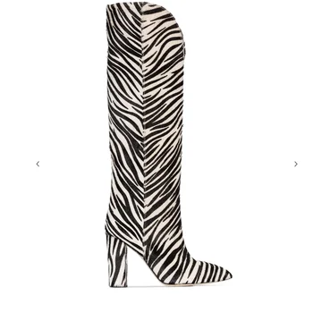 Europos ir Amerikos stiliaus tiesus aukštos Knee-High moterų batai su ašutų zebra modelis storas kulnas kelio ilgi batai