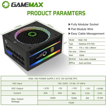 GameMax 750W RGB Maitinimo Coumputer Visiškai Modular 80 PLUS Gold PSU ARGB LED 24pin 12V PC Maitinimo šaltiniai RGB750-Rainbow