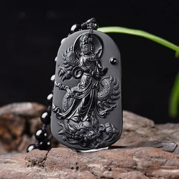 Gamtos Obsidianas Dragon Guan yin Jade Pakabukas Papuošalai Pasisekė, kad apsisaugoti nuo blogio dvasia Laimingas Amuletas Pakabukas Jade Fine Jewelry