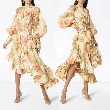 GetSpring Moterų Suknelė Ilgai Gėlių Spausdinti Šalis Suknelės Sluoksniuotos Rankovėmis Pynimas Vintage Suknelė Tvarstis Aukšto Juosmens Ilga Suknelė