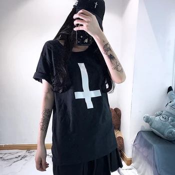 Harajuku Marškinėliai Cross Spausdinti Moterų Marškinėlius Medvilnės Atsitiktinis Hipster Marškinėliai Gothic Girl Juoda Prarasti Viršuje Tees Streetwear Tumblr